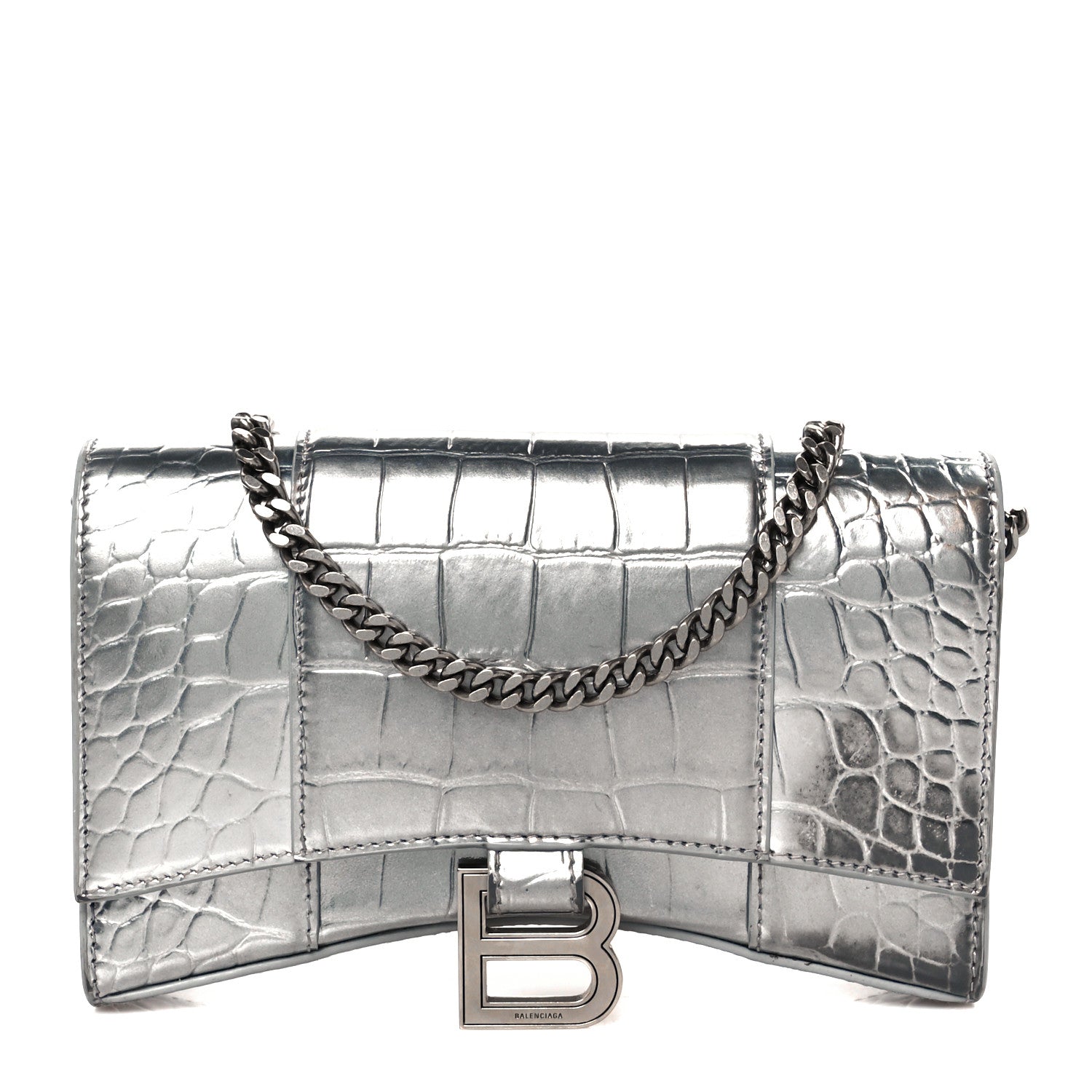 Balenciaga Metallic Calfskin Crocodile Embossed Hourglass Chain Bag Silver 1 of 12