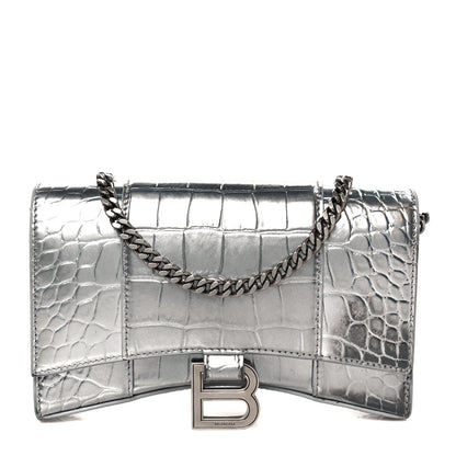 Balenciaga Metallic Calfskin Crocodile Embossed Hourglass Chain Bag Silver 1 of 12