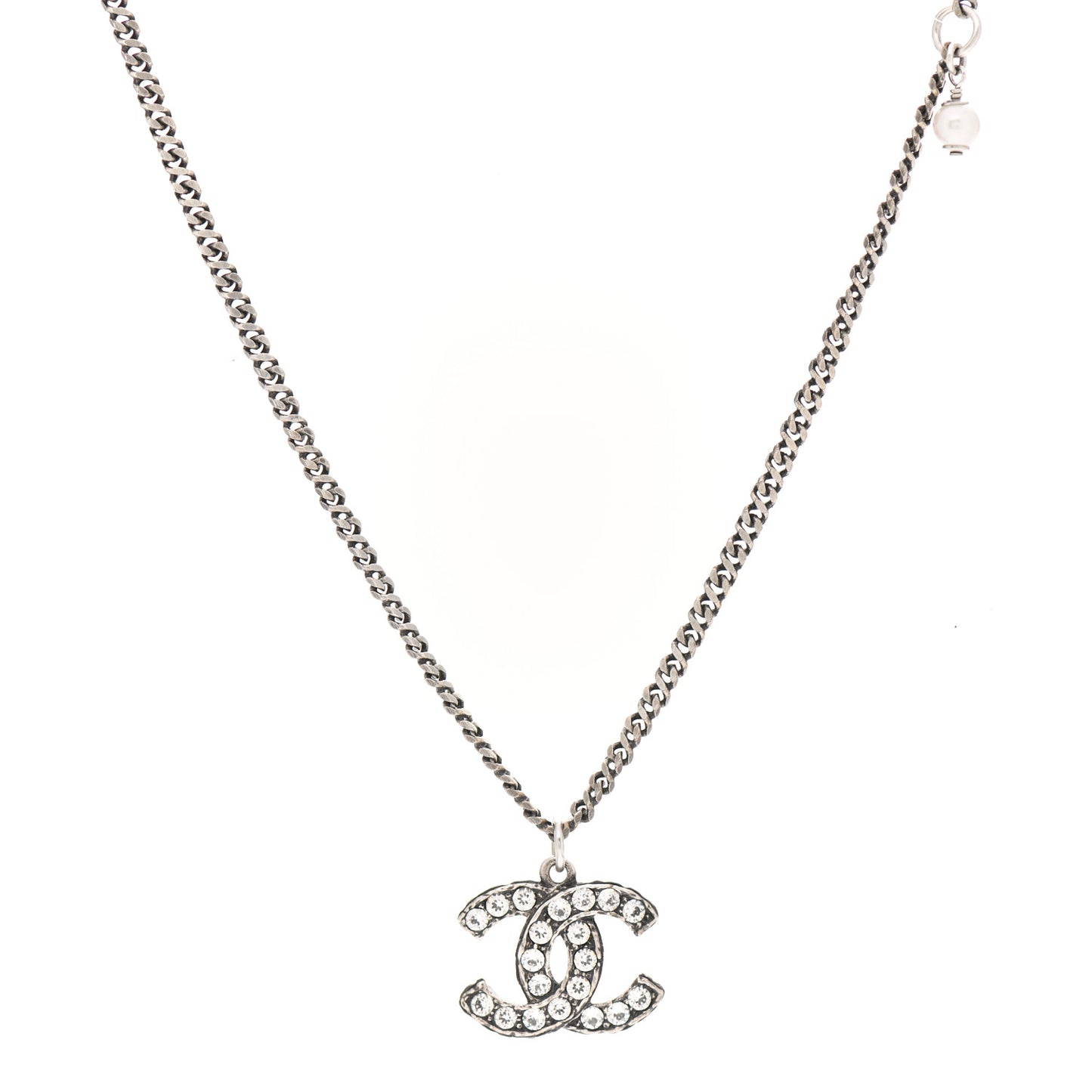 Pearl Crystal CC Pendant Necklace Silver