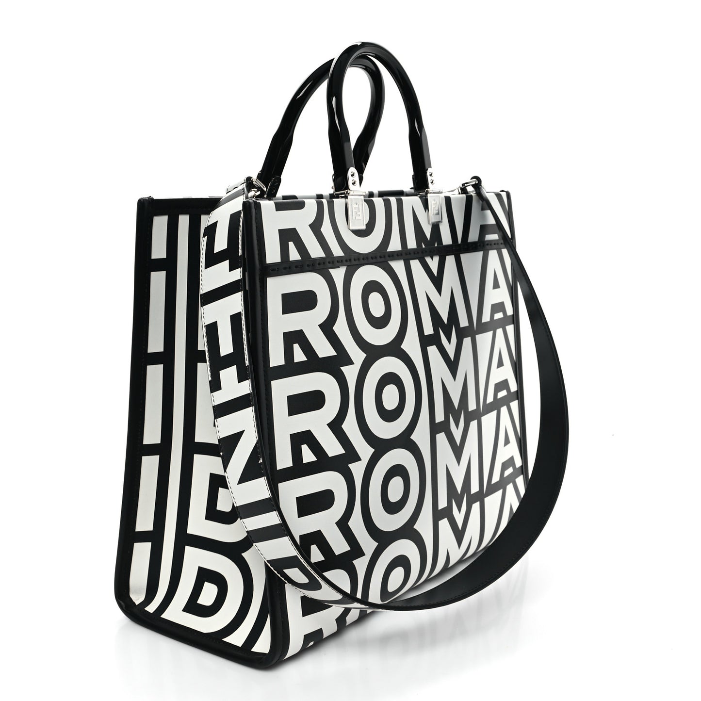 X MARC JACOBS Vitello King Logo Print Medium Fendi Sunshine Shopper Tote Black White