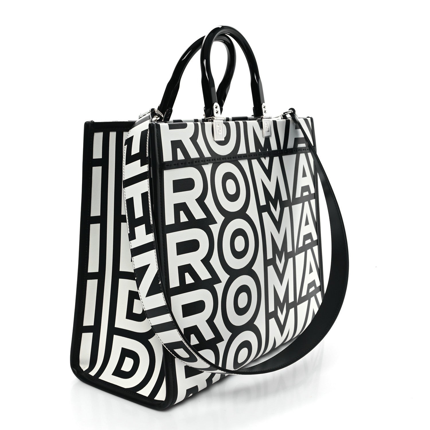 Fendi X MARC JACOBS Vitello King Logo Print Medium Fendi Sunshine Shopper Tote Black White 3 of 10