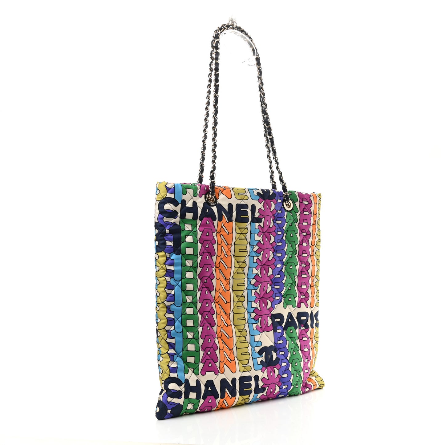 Printed Fabric Quilted Logo Large Shopping Tote Multicolor