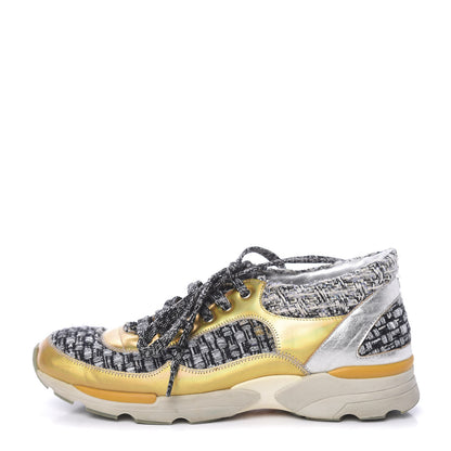 Chanel Tweed Lambskin Tennis Sneakers 36 Black White Argent 1 of 14