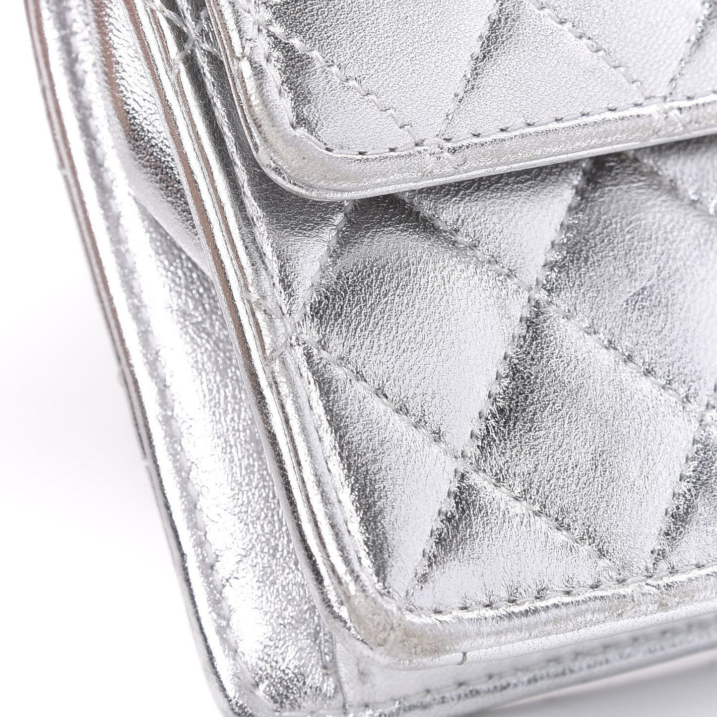 Metallic Lambskin Quilted Micro Mini Flap Silver
