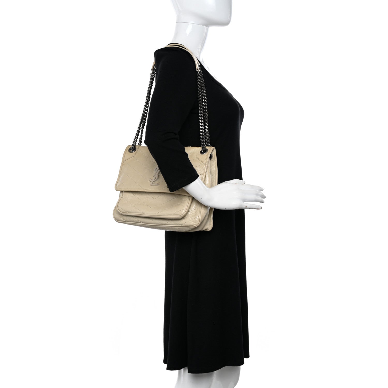 Saint Laurent Crinkled Calfskin Matelasse Monogram Medium Niki Chain Satchel Ivory 2 of 12