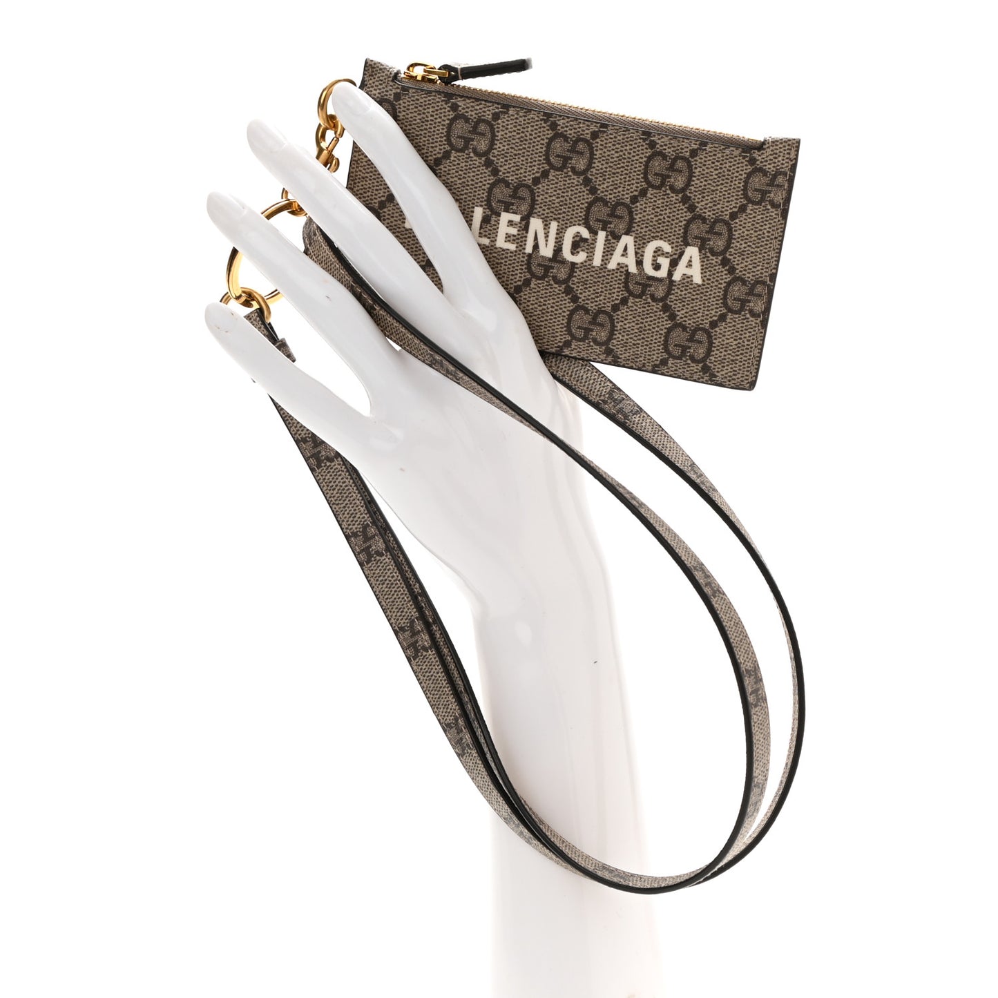 X BALENCIAGA GG Supreme Monogram Logo Card Case With Strap Beige Ebony
