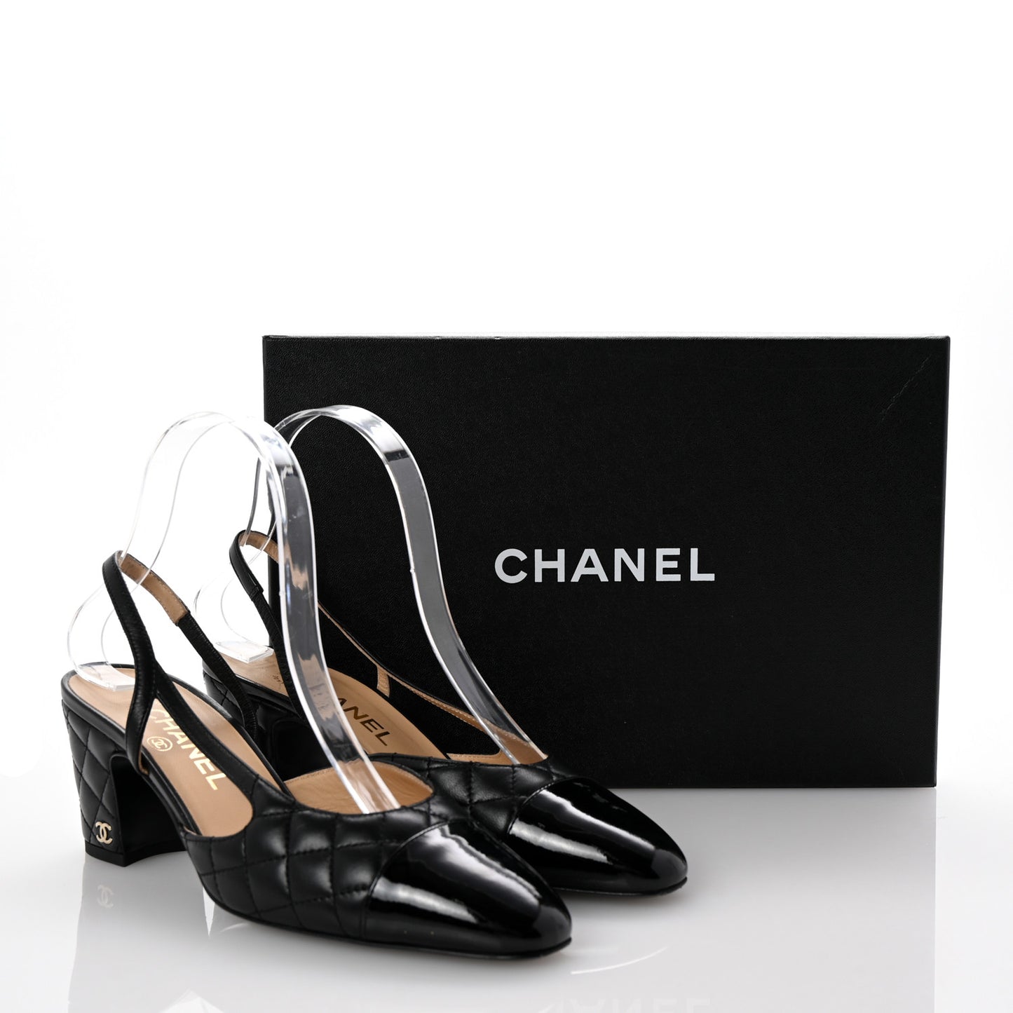 Lambskin Patent Calfskin Quilted Cap Toe CC Slingback Pumps 37.5 Black