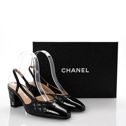 Chanel Lambskin Patent Calfskin Quilted Cap Toe CC Slingback Pumps 37.5 Black 10 of 10
