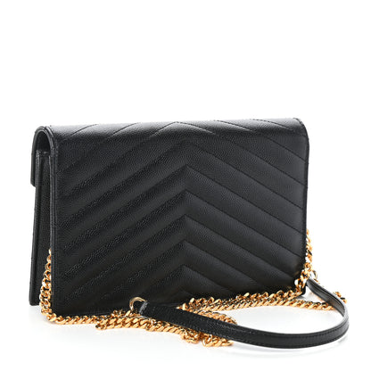 Saint Laurent Grain De Poudre Matelasse Chevron Monogram Envelope Chain Wallet Black 3 of 10