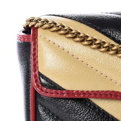 Gucci Vintage Effect Calfskin Matelasse Diagonal Striped Super Mini Torchon GG Marmont Shoulder Bag Black Beige 9 of 10