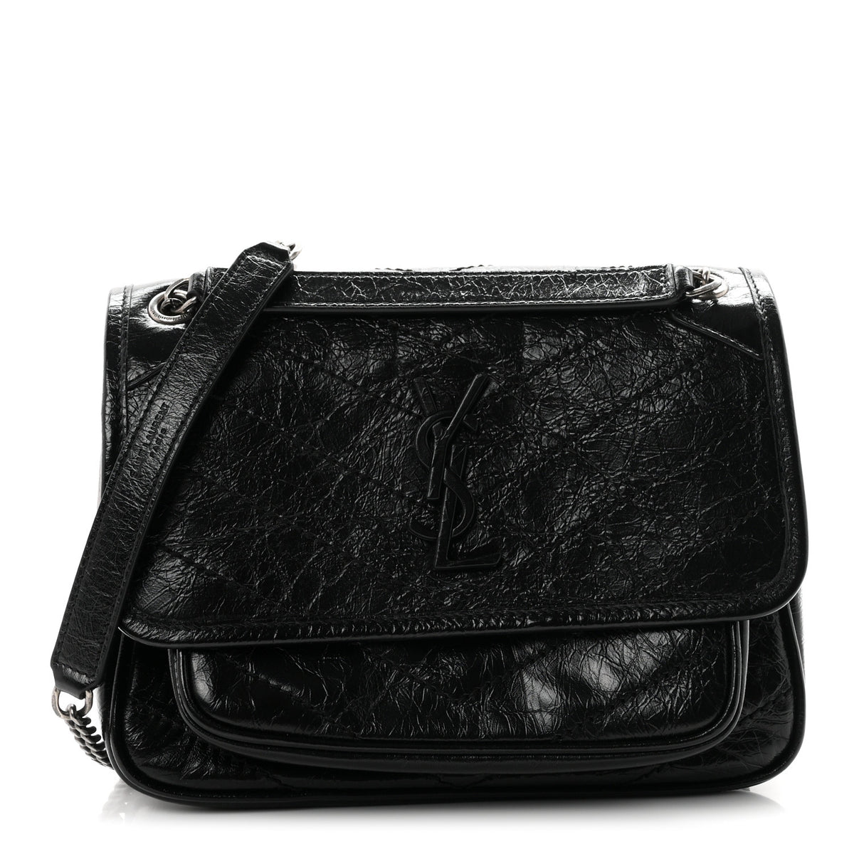 Saint Laurent Crinkled Calfskin Matelasse Monogram Baby Niki Chain Satchel Black 1 of 11