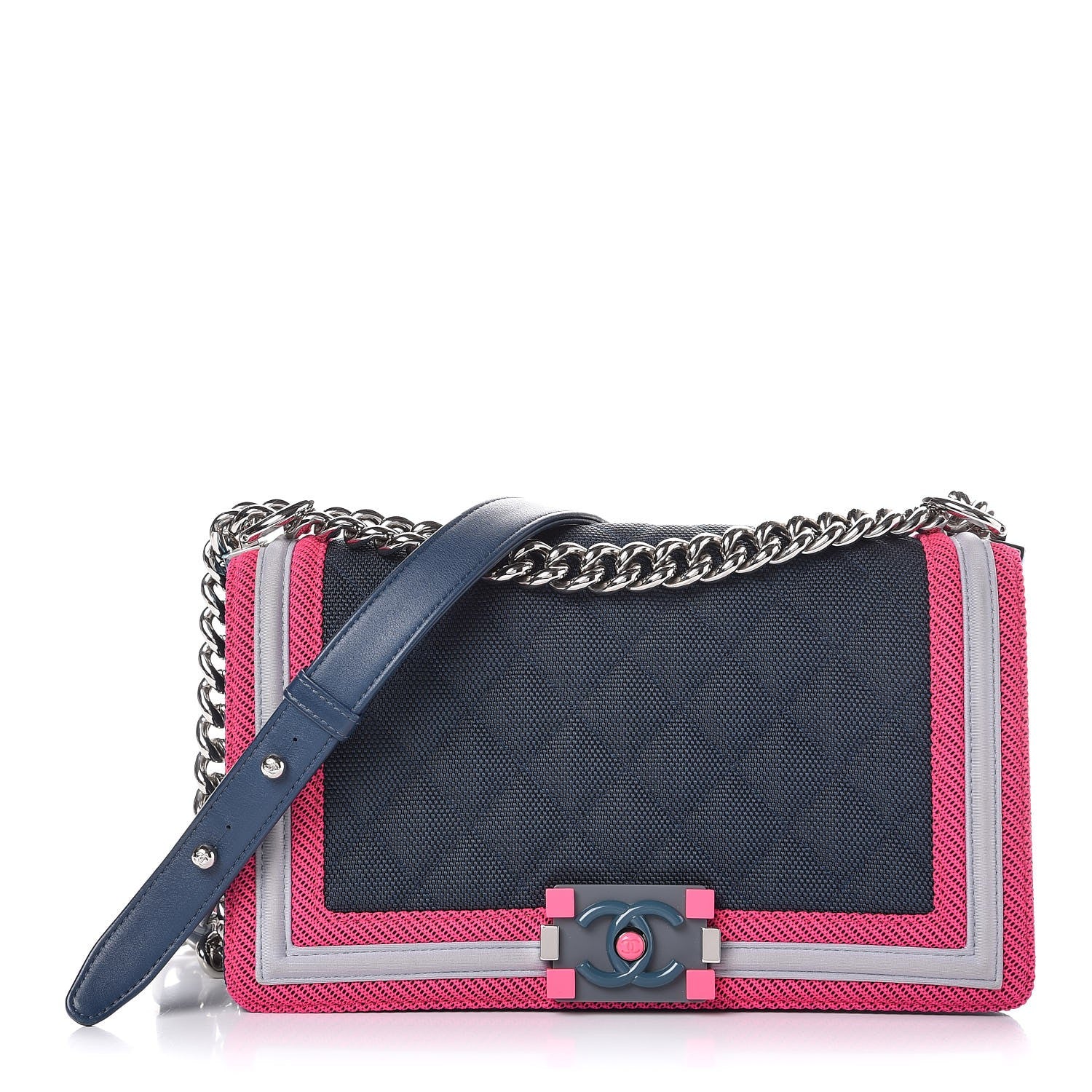 Chanel Canvas Quilted Medium Fluo Boy Flap Dark Navy Fuchsia Grey 1 of 9