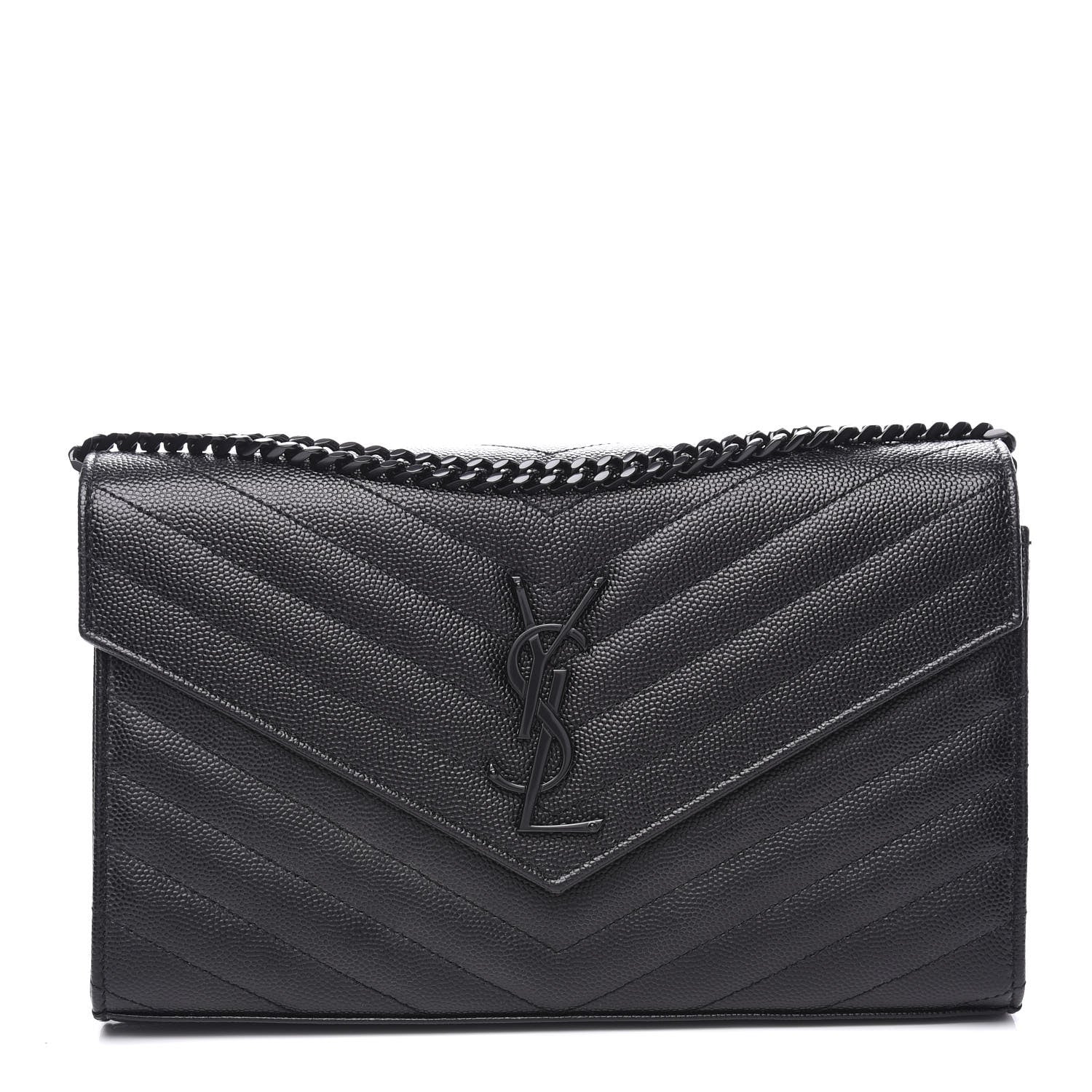 Saint Laurent Grain De Poudre Matelasse Chevron Monogram Chain Wallet Black 1 of 9