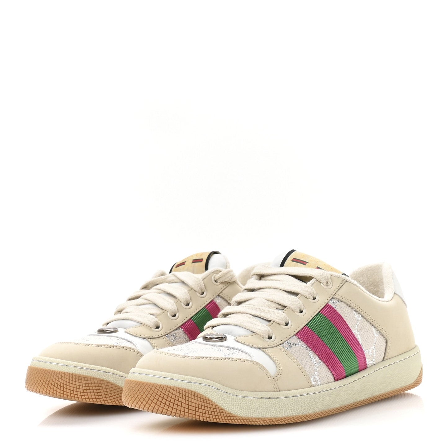 Calfskin Lame GG Monogram Web Womens Screener Sneakers 39.5 Gardenia Silver Dusty Milk White