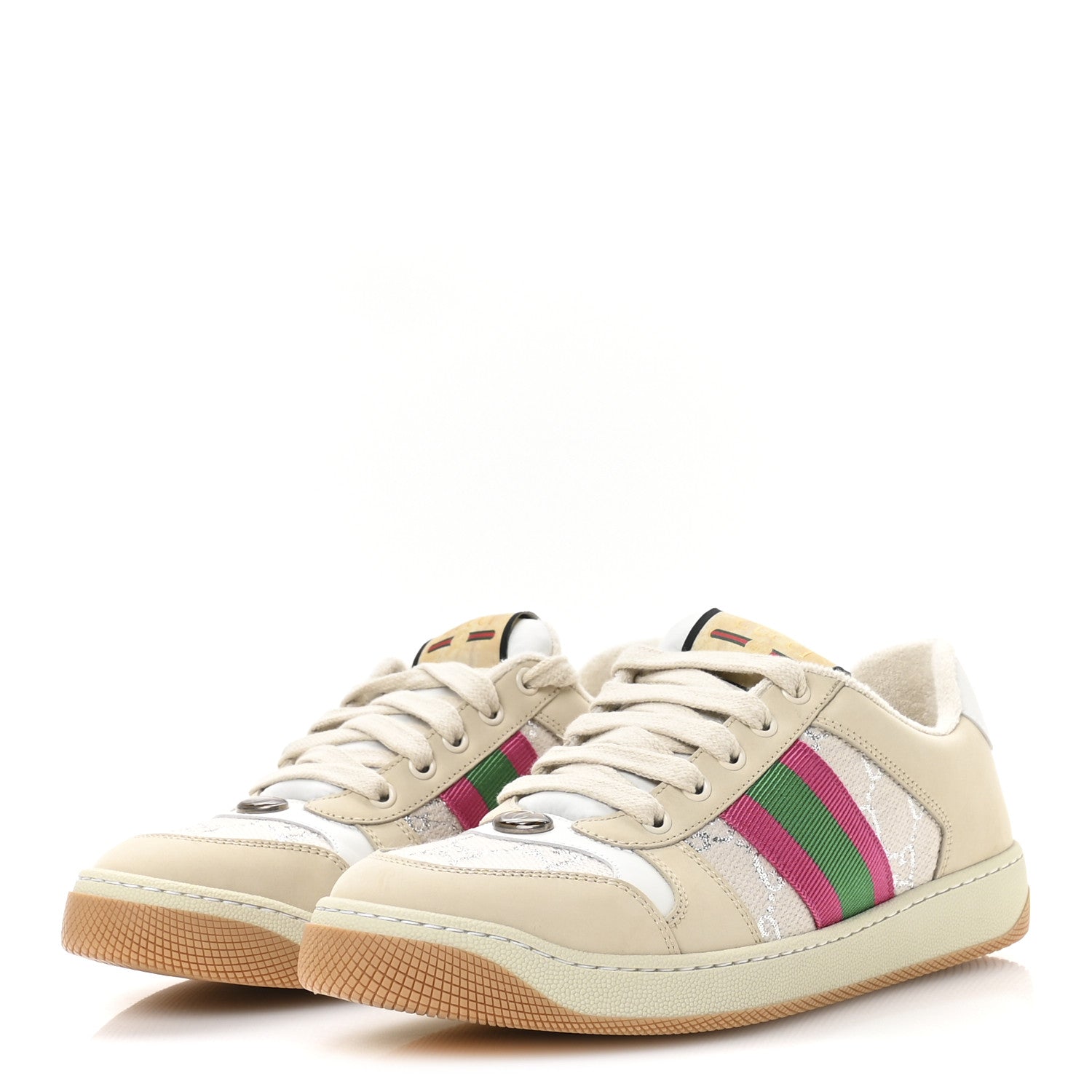 Gucci Calfskin Lame GG Monogram Web Womens Screener Sneakers 39.5 Gardenia Silver Dusty Milk White 4 of 9