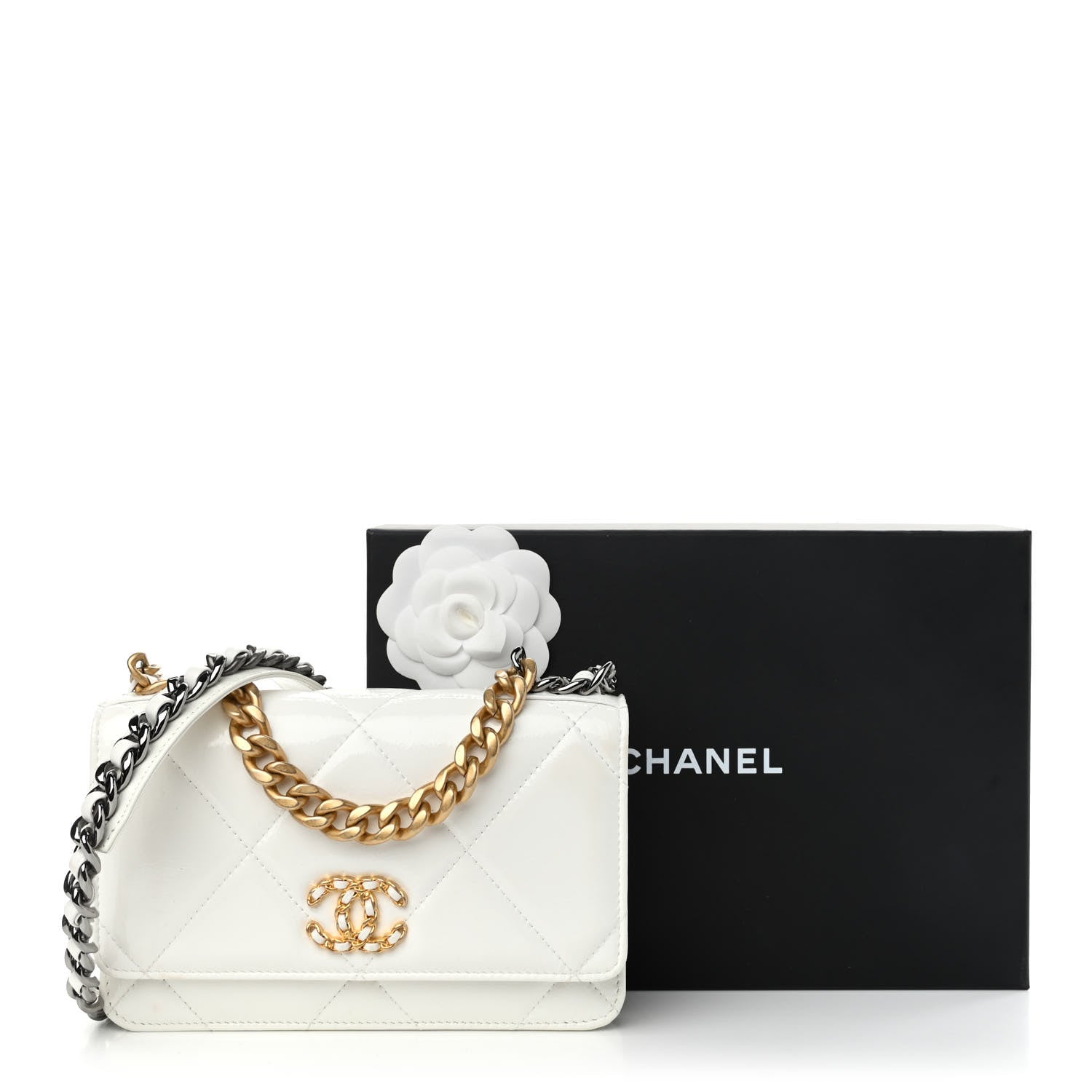Chanel Shiny Crumpled Calfskin Quilted Chanel 19 Wallet On Chain WOC White 13 of 13