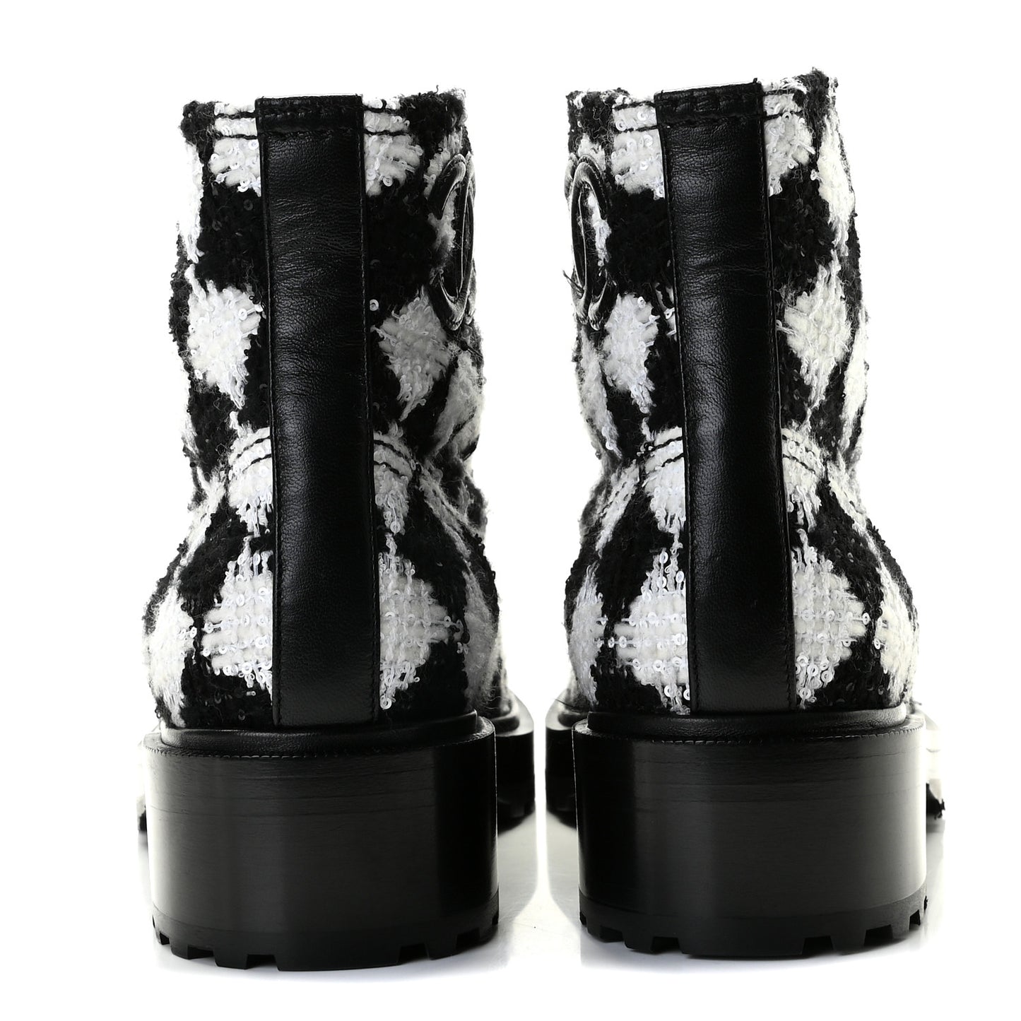 Tweed Grosgrain Pearl Combat Short Boots 40.5 White Black