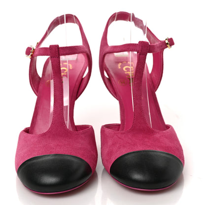Chanel Suede Lambskin Cap Toe Crystal Slingback Pumps 37 Fuchsia Black 2 of 8