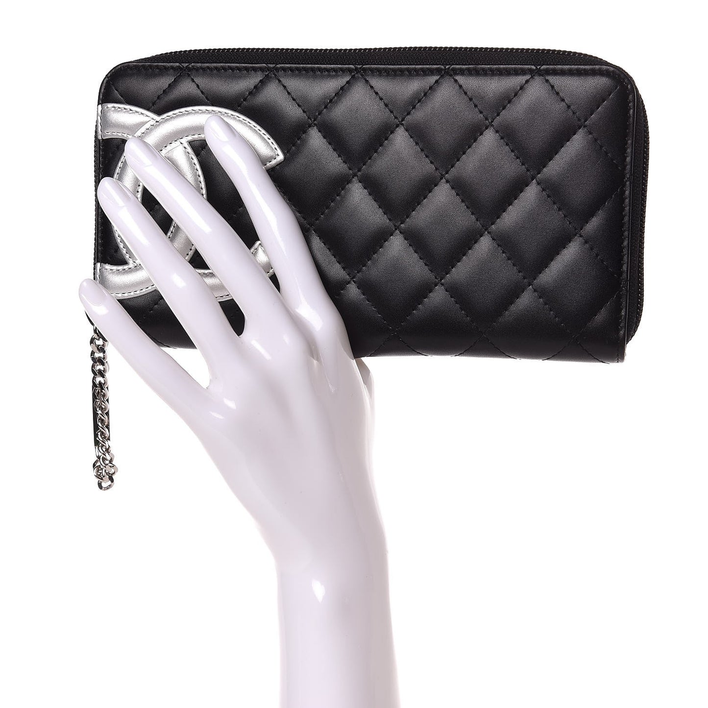 Calfskin Quilted Cambon Large Gusset Zip Around Wallet Black Silver