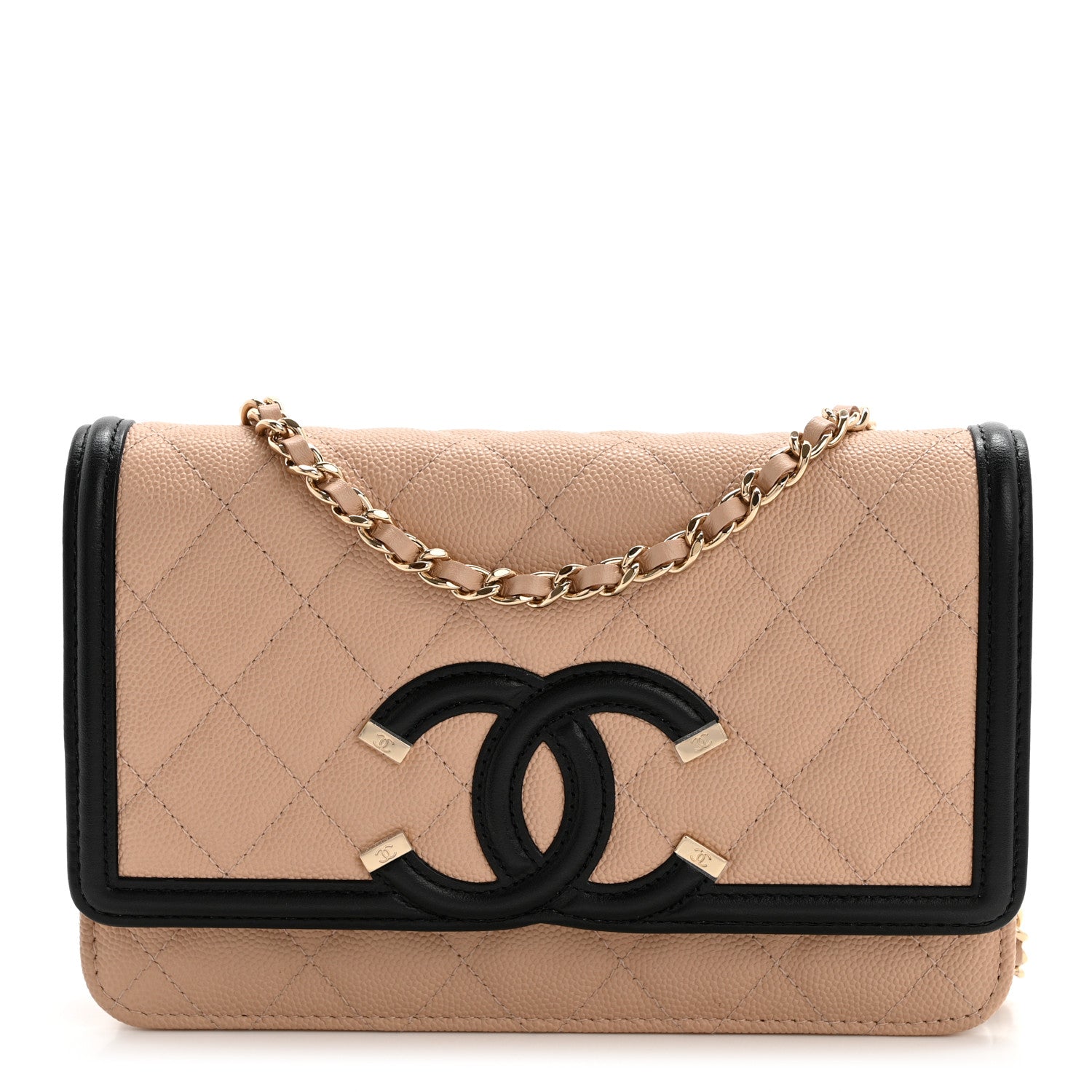 Chanel Caviar Quilted CC Filigree Wallet On Chain WOC Beige Black 1 of 15