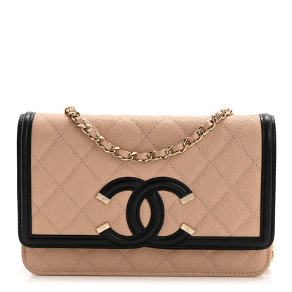 Chanel Caviar Quilted CC Filigree Wallet On Chain WOC Beige Black 1 of 15
