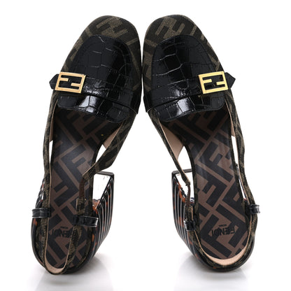 Fendi Calfskin Crocodile Embossed Promenade Slingback Loafer Pumps 37 Black 2 of 9