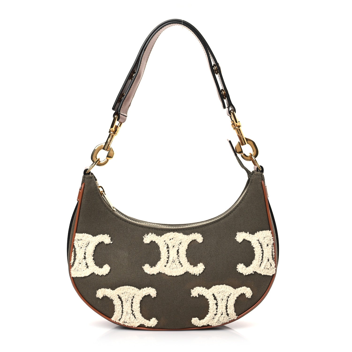 Celine Cotton Gabardine Bouclette Embroidered Medium Strap Ava Triomphe Shoulder Bag Khaki Tan 1 of 8