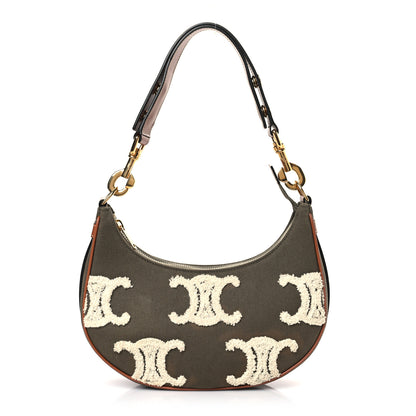 Celine Cotton Gabardine Bouclette Embroidered Medium Strap Ava Triomphe Shoulder Bag Khaki Tan 1 of 8