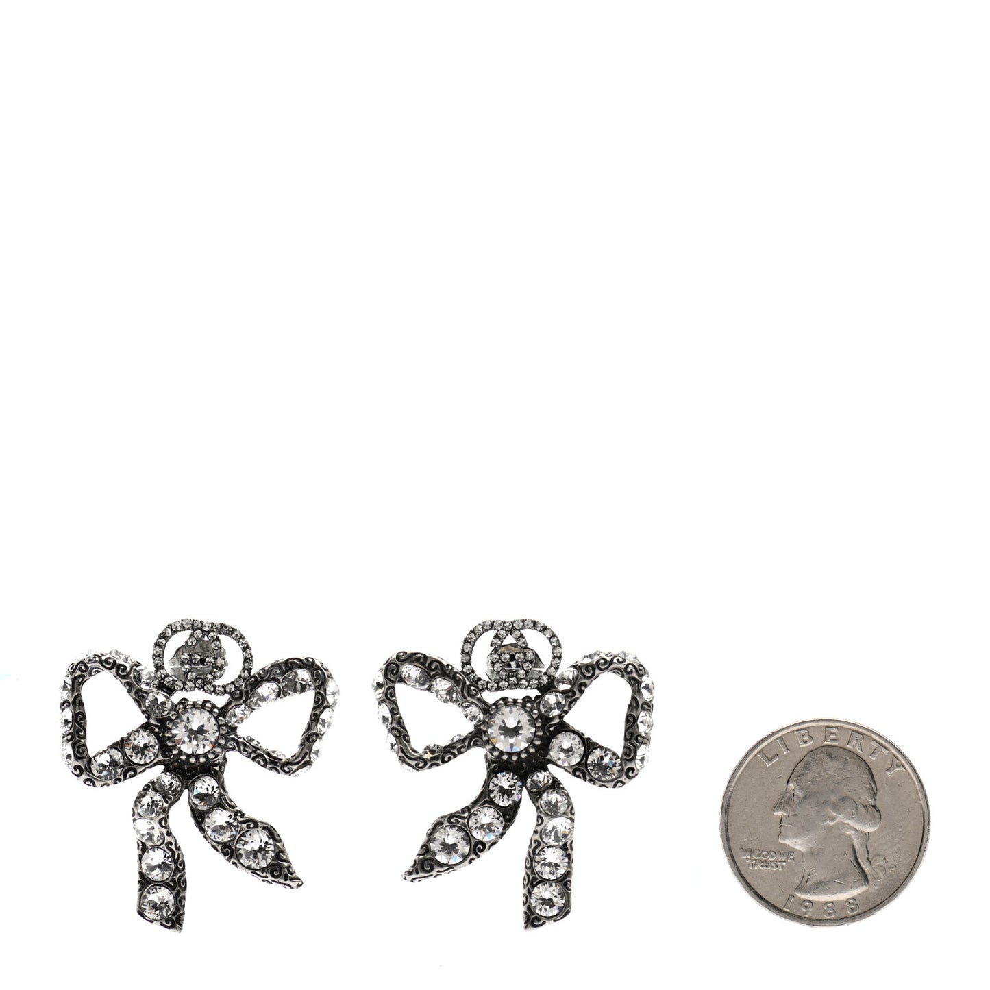 Metal Crystal Bow Earrings Silver