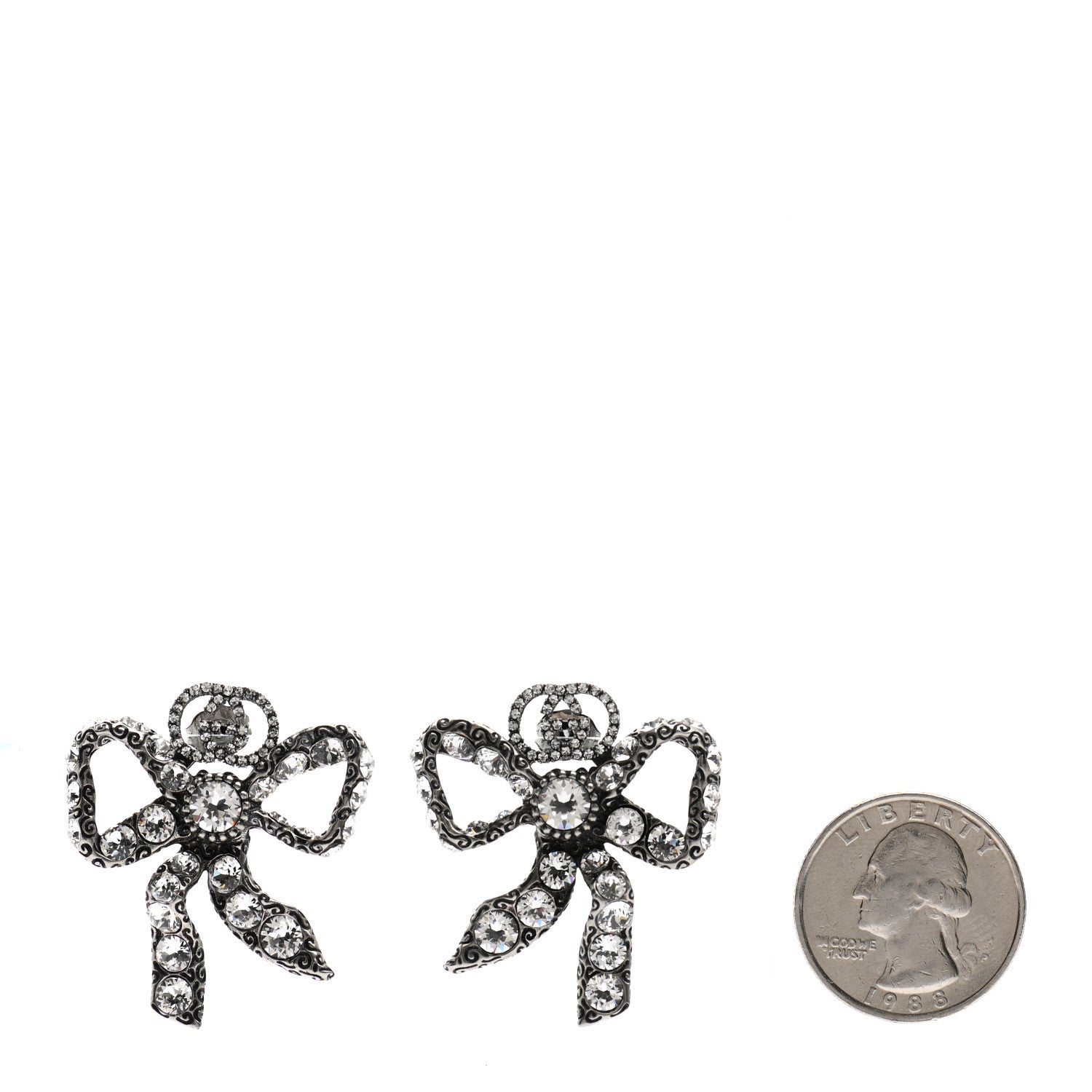 Gucci Metal Crystal Bow Earrings Silver 2 of 4