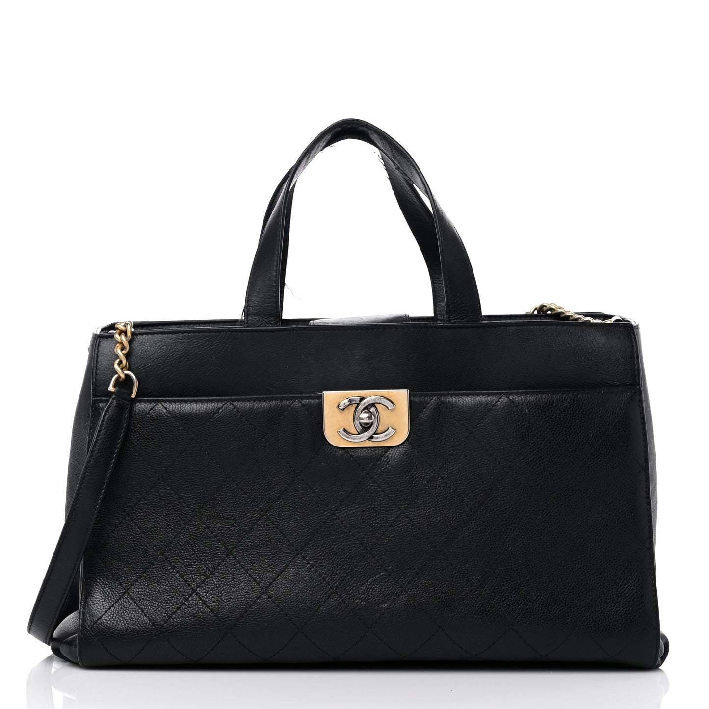 Calfskin Stitched Large Straight Lines Shopping Tote Black