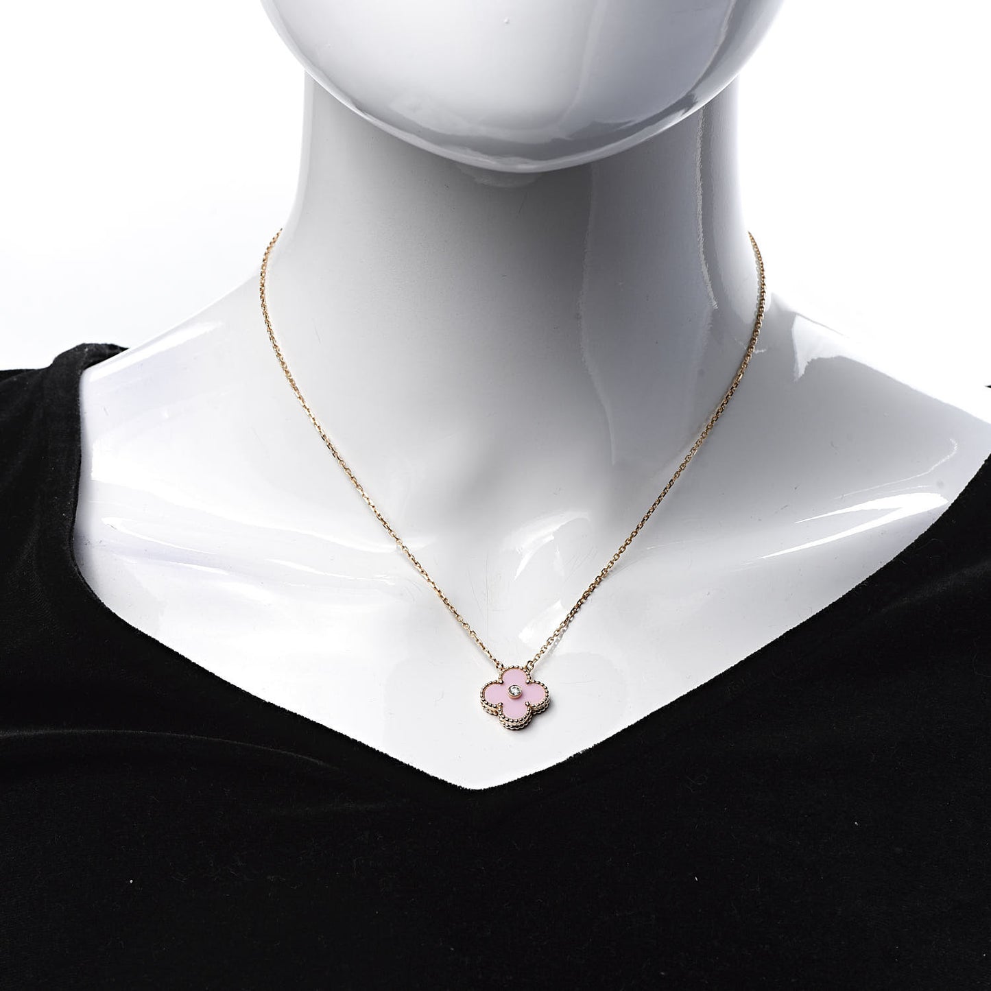 18K Rose Gold Diamond Pink Porcelain Vintage Alhambra Pendant Necklace