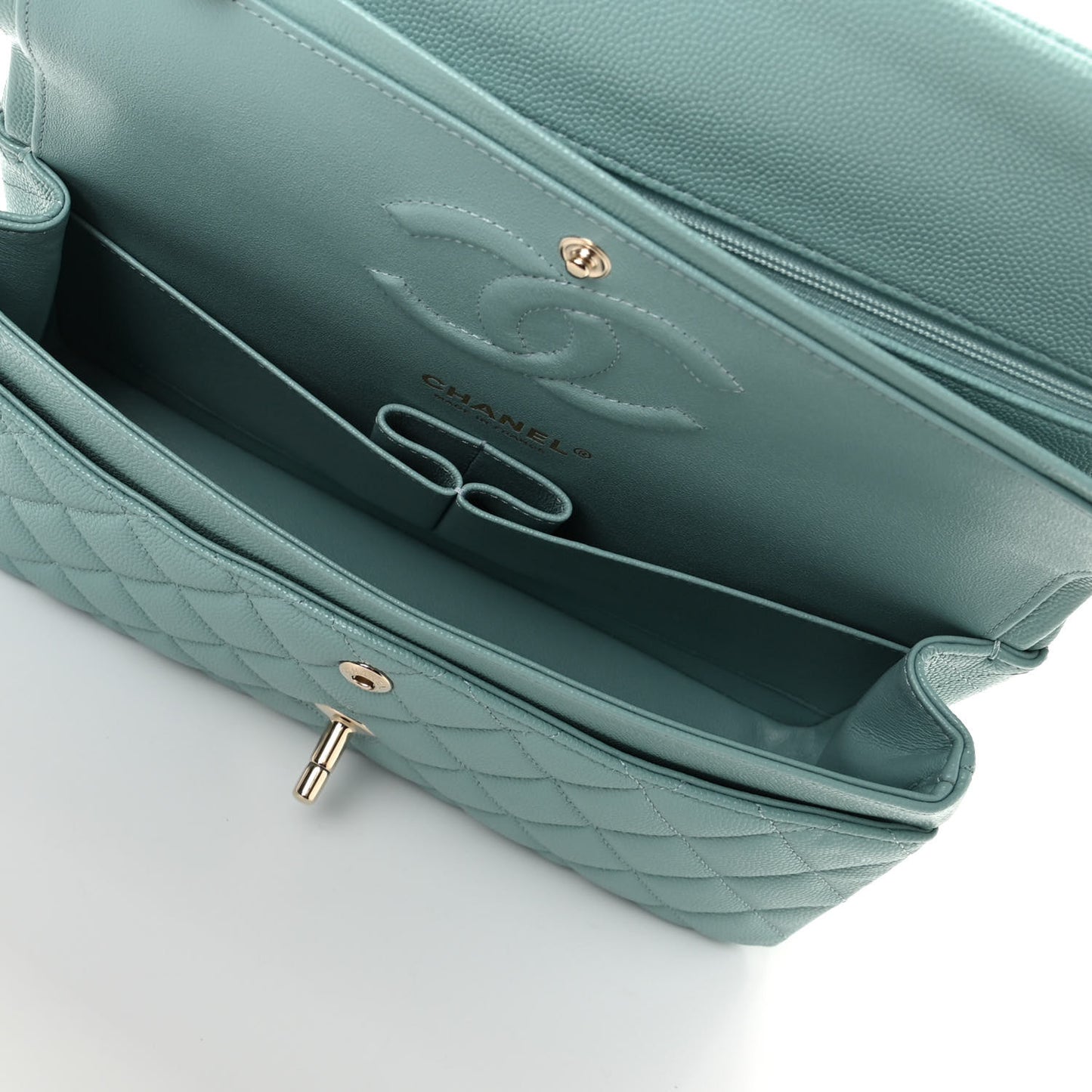 Caviar Quilted Medium Double Flap Light Blue