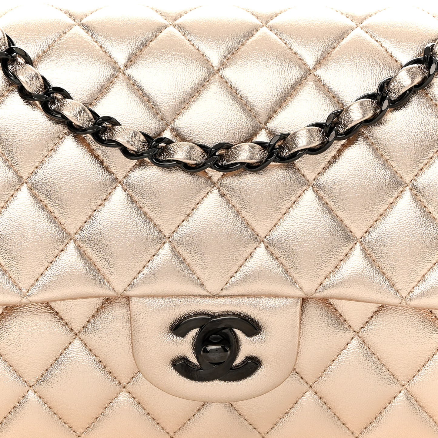 Metallic Lambskin Quilted Medium Double Flap Gold Black