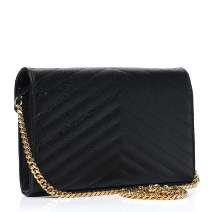 Saint Laurent Grain De Poudre Matelasse Chevron Monogram Chain Wallet Black 3 of 15