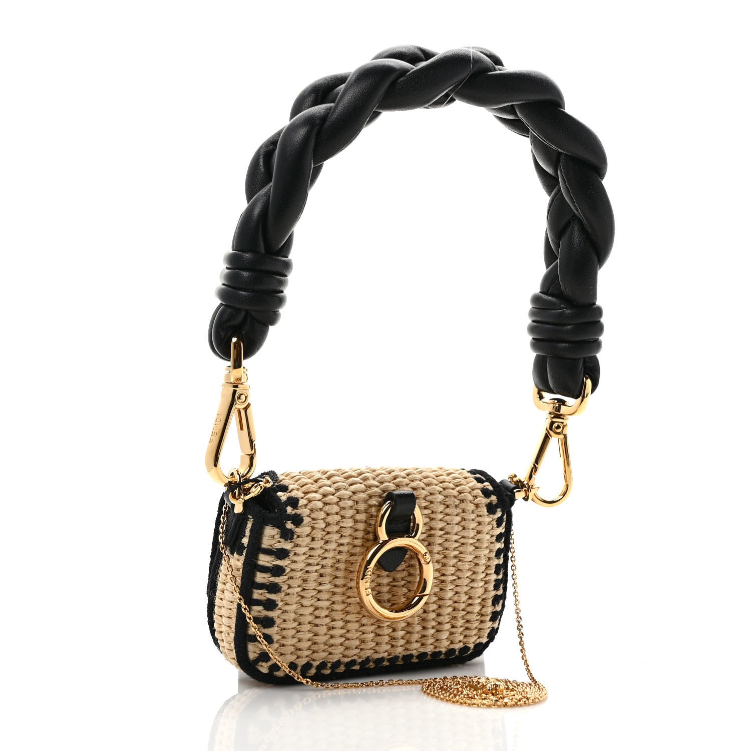 Fendi Straw Shiny Nappa Woven Nano Baguette Maxi Handle Charm Natural Black 3 of 10