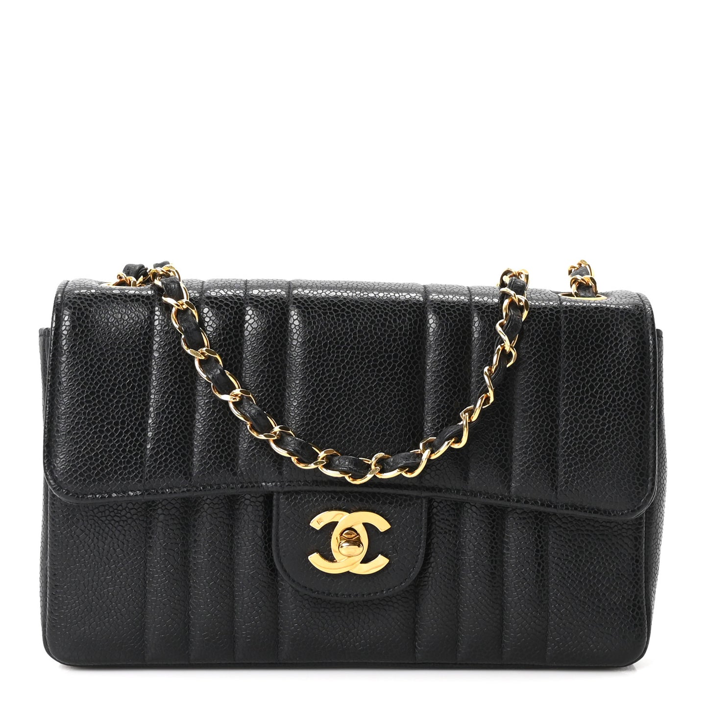 Caviar Vertical Quilted Small Single Flap Black