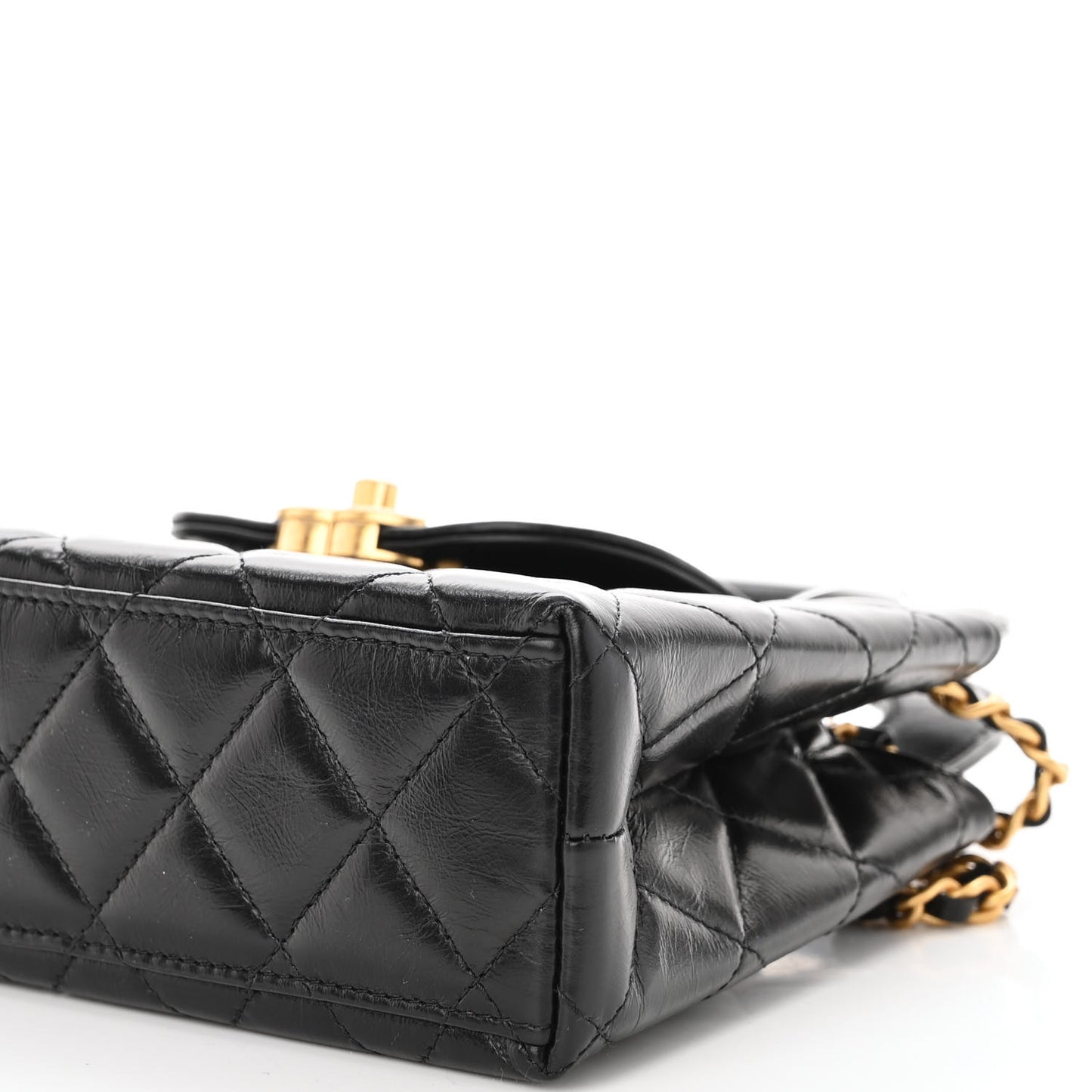 Shiny Aged Calfskin Quilted Nano Kelly Shopper Black