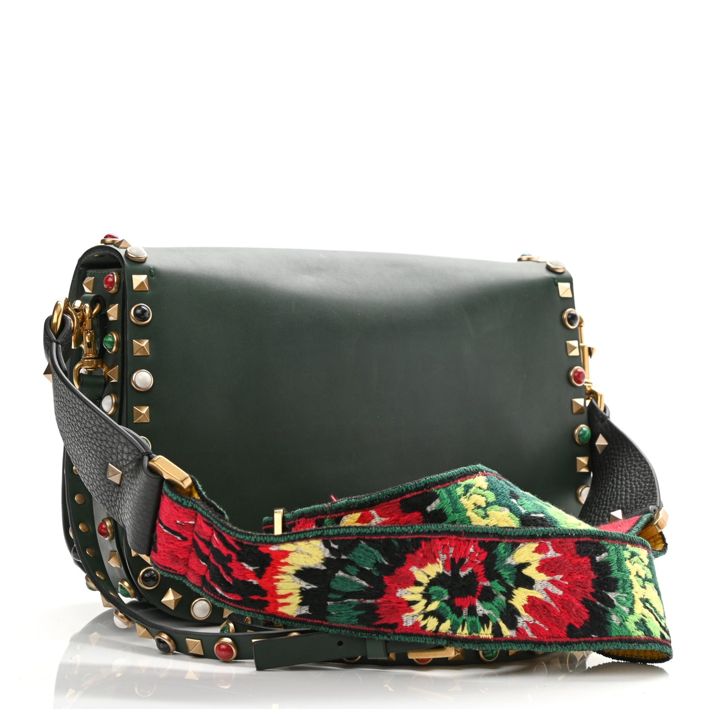 Calfskin Medium Guitar Strap Rockstud Rolling Flap Saddle Bag Dark Green