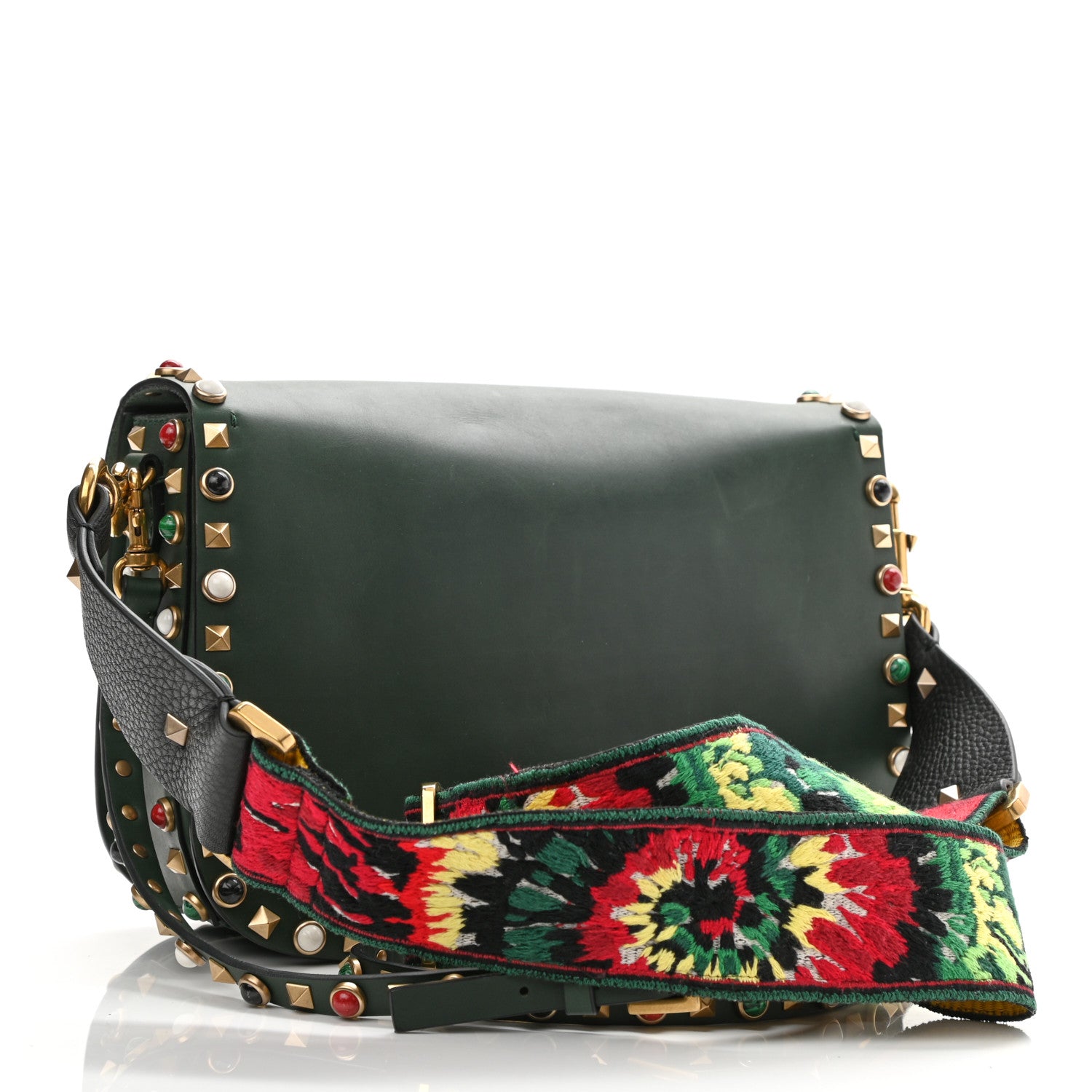 Valentino Garavani Calfskin Medium Guitar Strap Rockstud Rolling Flap Saddle Bag Dark Green 3 of 11