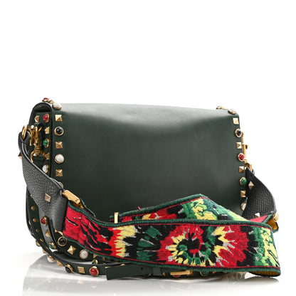 Valentino Garavani Calfskin Medium Guitar Strap Rockstud Rolling Flap Saddle Bag Dark Green 3 of 11