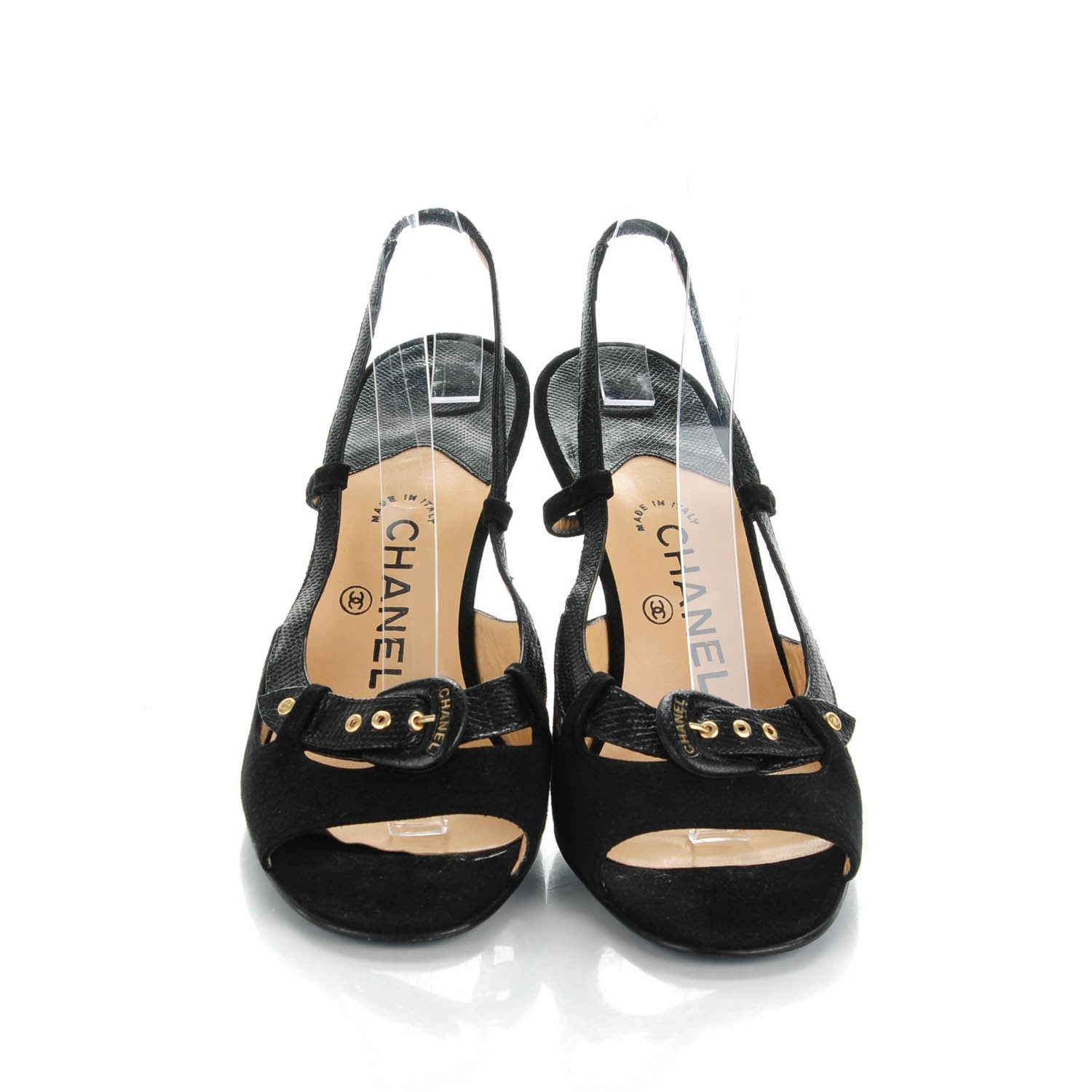 Chanel Suede Lizard Buckle Sling Back Sandals 39 Black 2 of 7