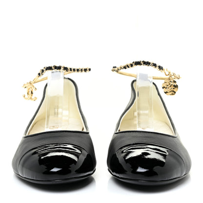 Chanel Lambskin Patent Calfskin Cap Toe Ankle Chain Ballerina Flats 37 Black 2 of 12