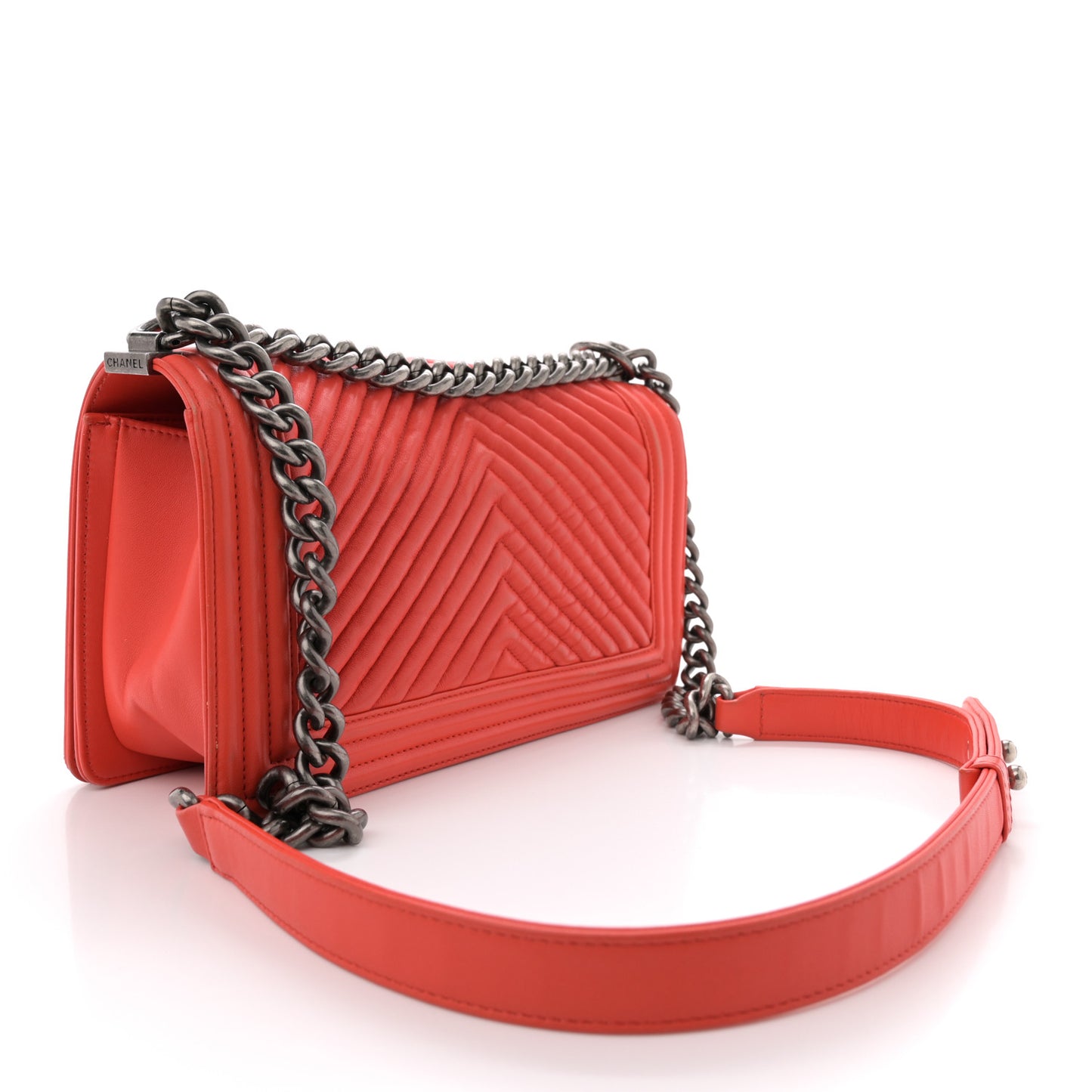 Wrinkled Lambskin Chevron Quilted Medium Boy Flap Orange