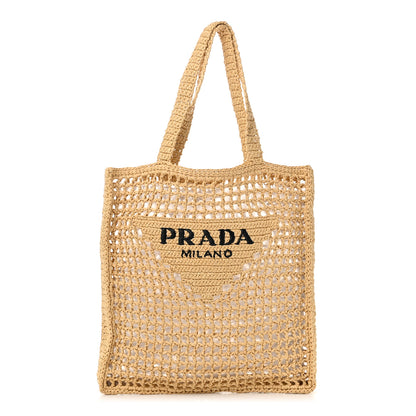 Prada Yarn Raffia Effect Crochet Logo Embroidered Tote Bag Naturale 1 of 9