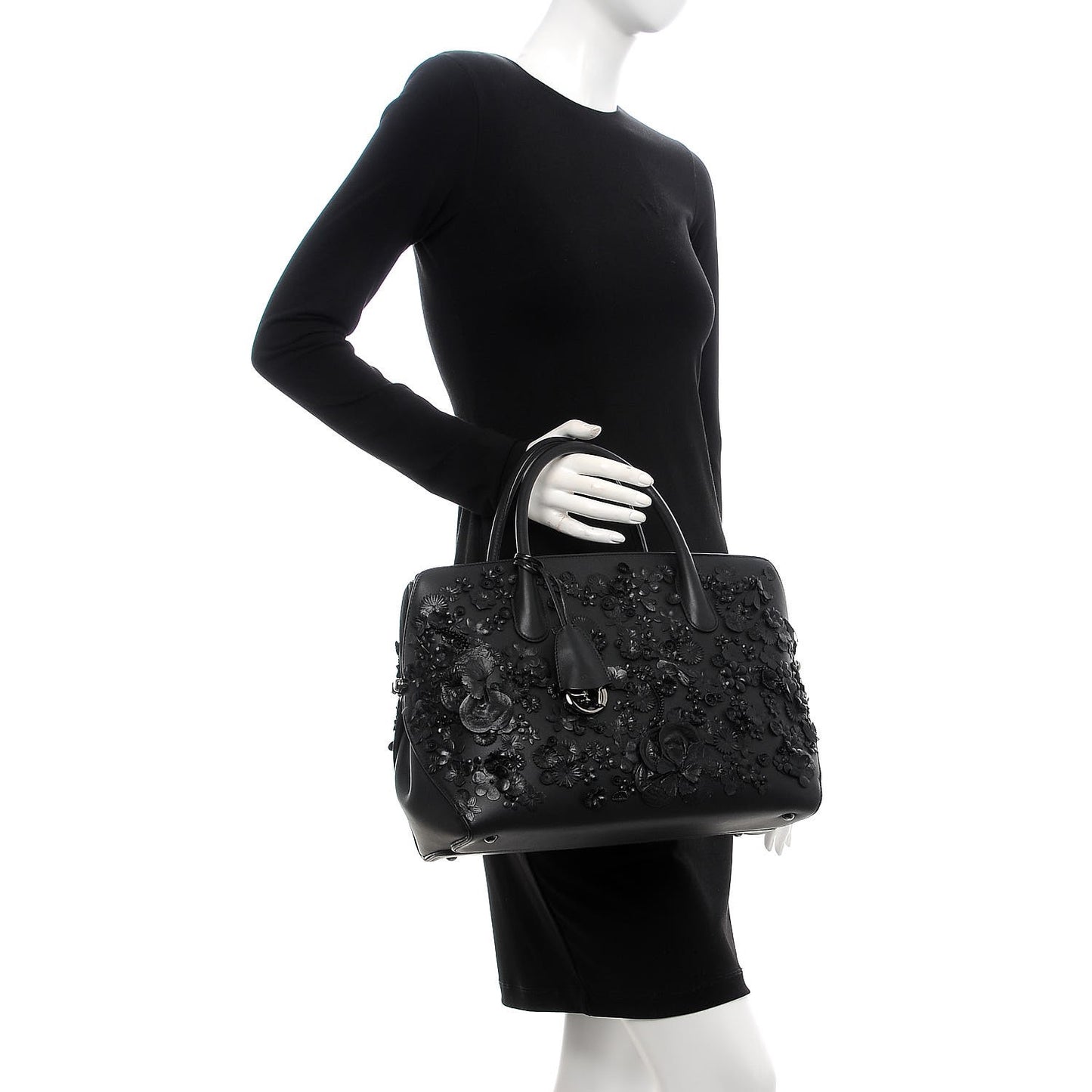 Calfskin Floral Applique Bar Tote Black