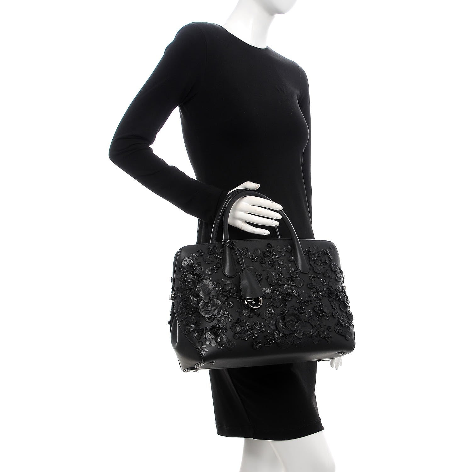 Christian Dior Calfskin Floral Applique Bar Tote Black 2 of 8