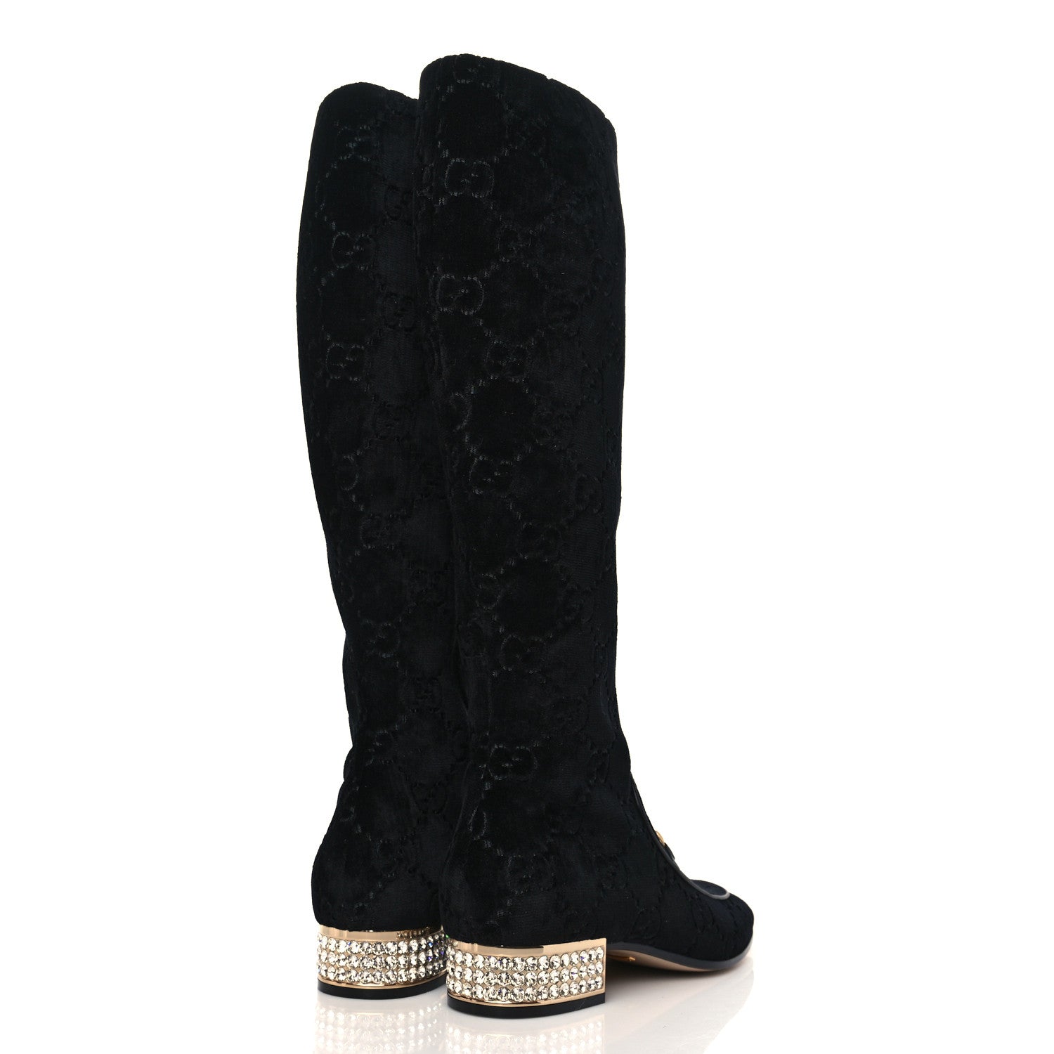 Gucci Velvet GG Monogram Crystal Horsebit Knee High Boots 39 Black 4 of 10