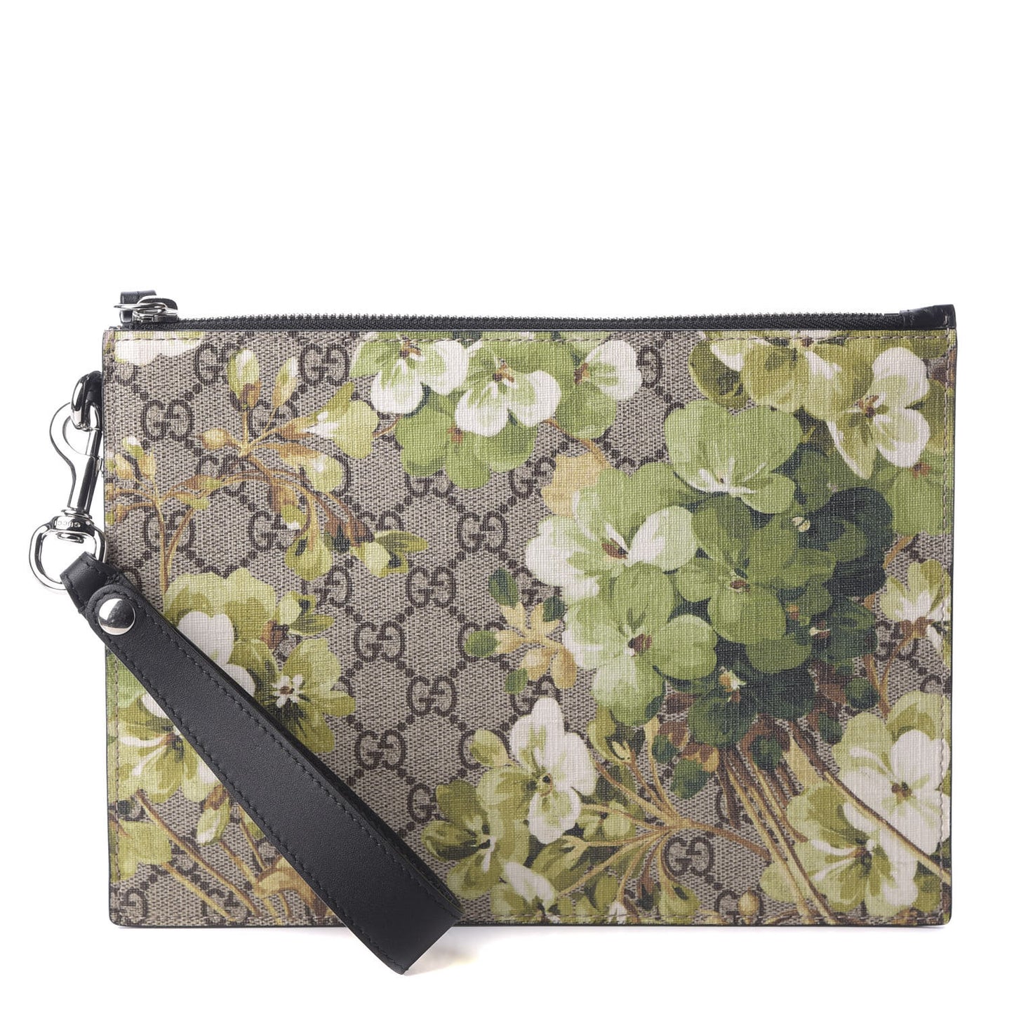 GG Supreme Monogram Blooms Small Zip Wristlet Pouch Beige New Military Black