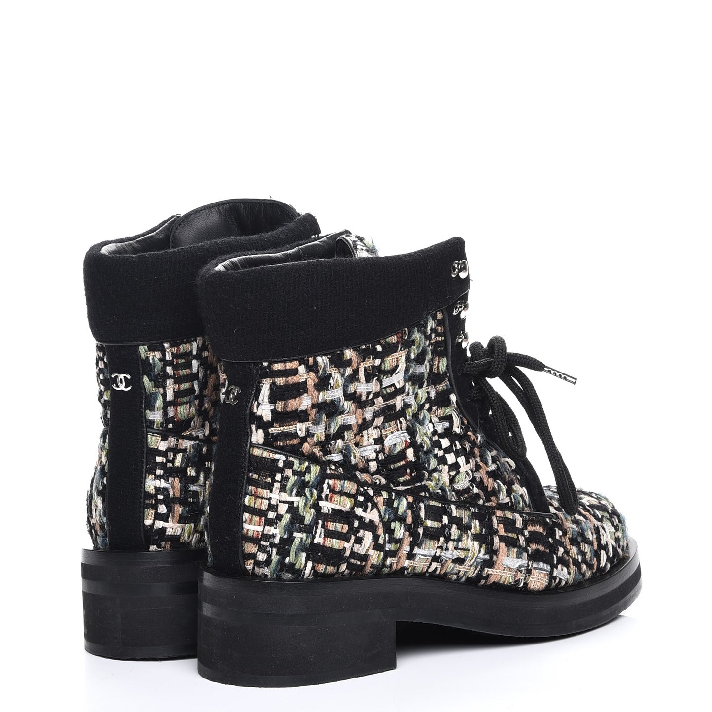 Tweed Lace Up Short Boots 38.5 Green Brown Black
